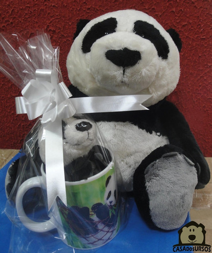 Caneca Xícara De Porcelana Cute + Ursinho Panda 35cm + 15cm
