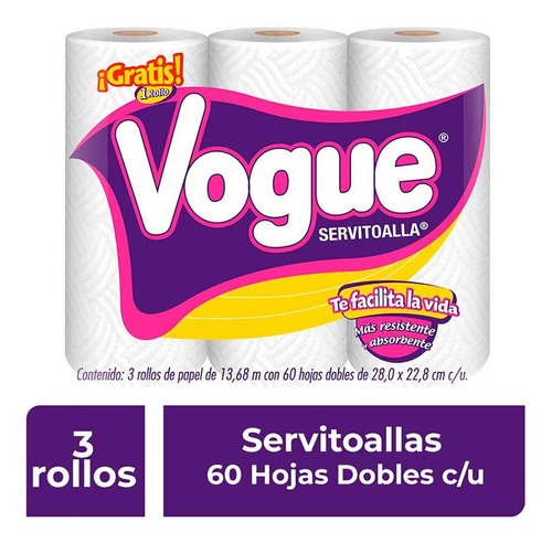 Toallas De Papel Vogue 3 Rollos Con 60 Hojas
