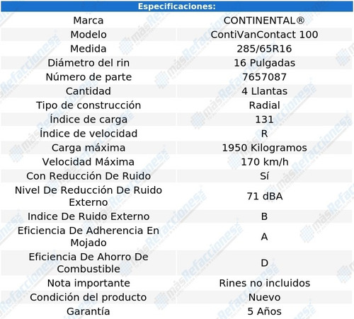 4 Llantas 131r Continental Contivancontact 100 285/65r16