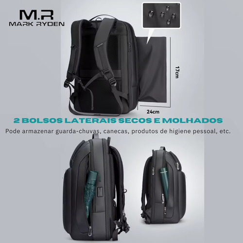 Mochila grande expandible de primera calidad para cuaderno de 35 litros, 15.6 Mark Ryden, modelo Mr9808, color negro liso