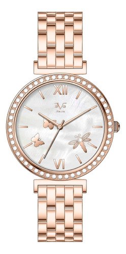 Reloj De Mujer V1969 Italia 1121-31 Oro Rosa Con Mariposas Fondo Plateado