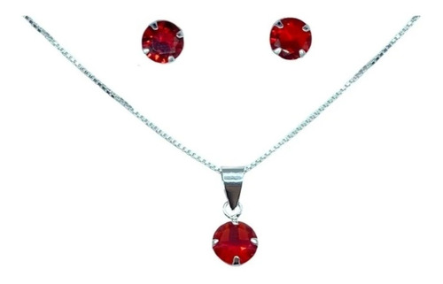 Conjunto Collar Aros Colgante Punto De Luz Rojo En Plata 925