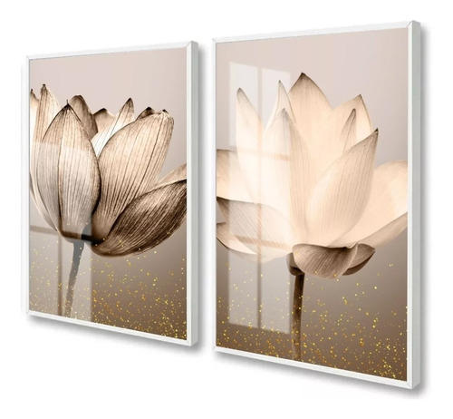 Quadros Decorativos Flores Bege Grande Sala Com Vidro 60x80