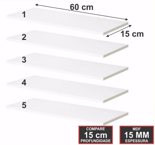 Kit Jogo De 5 Prateleiras Mdf Branco 60x15cm Suporte