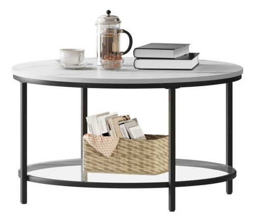 2-tier Round Coffee Table Marble Center Cocktail Table W Eem