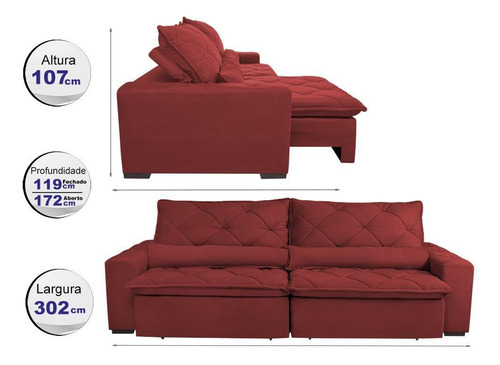 Sofá Magnum 3,02m Retrátil Reclinável Cor Vermelho