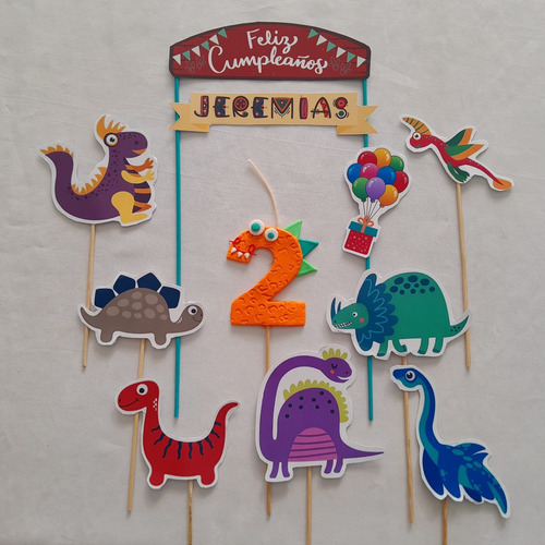 Adorno Torta Topper Dinos Personalizado Más Número Vela X11 Verde Lima Toppers Dinosaurios Con Número Vela