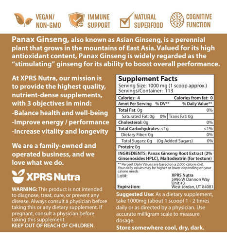 Xprs Nutra Polvo Extracto Raíz Ginseng Panax Vegano 4 Onzas