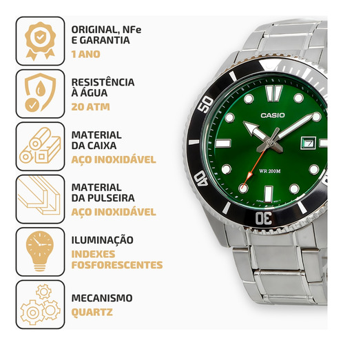 Relógio Casio Duro Masculino Analógico Fundo Verde Em Aço Prateado Prateado Verde