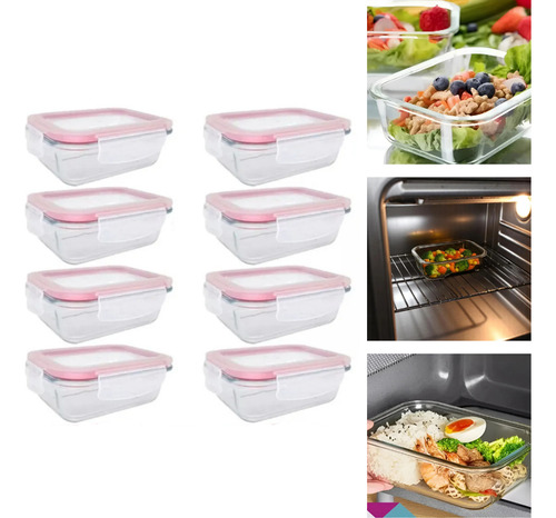 8 Potes Marmita Vidro Hermético Vedação Silicone Trava 370ml