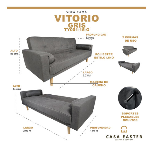 Sofá Cama 3 Plazas Elegante | Para Hogar Oficina Sala Gris Oscuro Liso