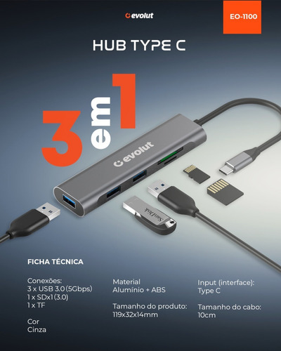 Hub Tipo C Evolut Eo-1100 - 3 Em 1/ 3x Usb 3.0 + Sd + Tf