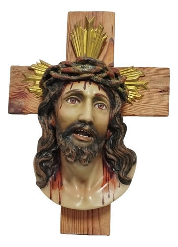 Cruz Con Rostro De Cristo Jesús Ojos De Vidrio Español 26 Cm