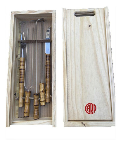 Set De Asado C/ 5 Cubiertos C/ Mango Madera Logo Carp River