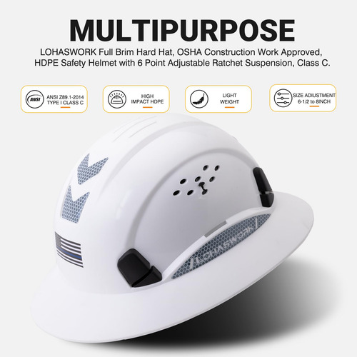 Casco De Construcción Ventilado Homologado Por Osha Ajustabl Sombrero Duro Blanco De Ala Completa Con Visera Transparente