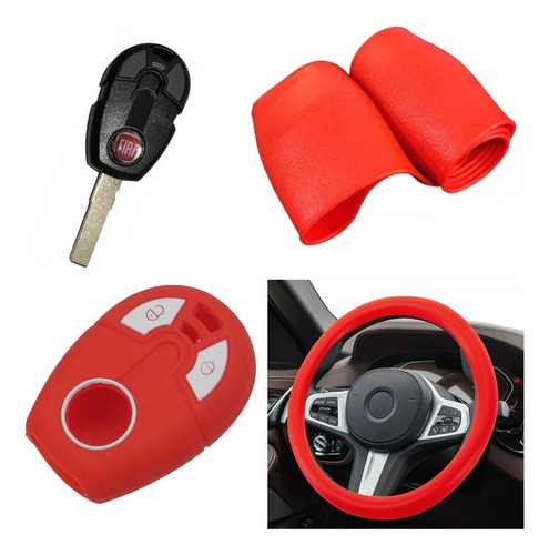 Cubre Volante + Funda Llave Silicona - Fiat Idea Strada Rojo