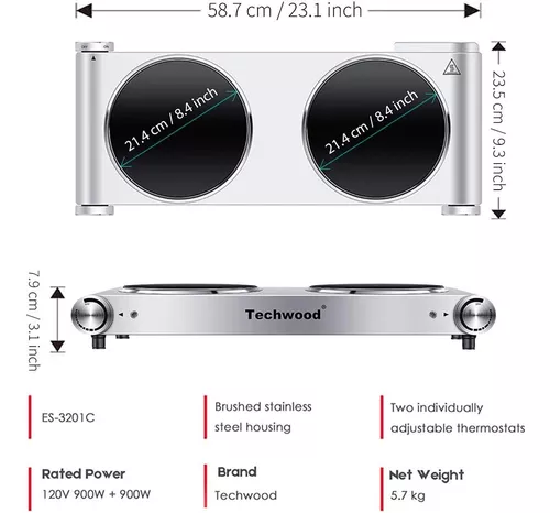 Estufa Eléctrica Techwood, Infrarrojo, Cerámica, X2, 1800w