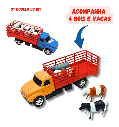 Kit 2 Caminhão + Trator Com Bois Vacas Brinquedo Presente