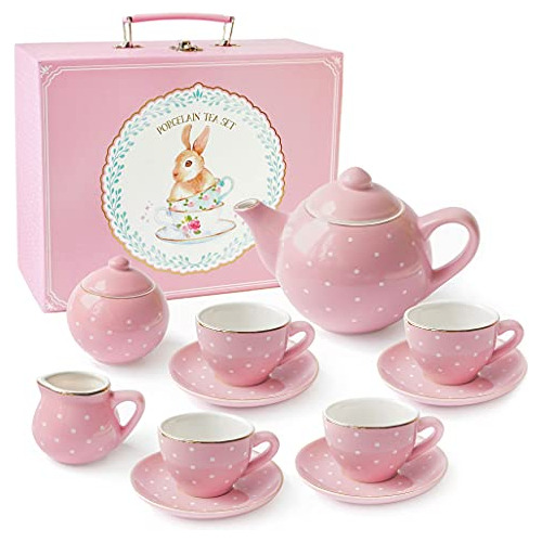 Juego De Té De Porcelana Niñas Lunares Rosas 13 Pieza...