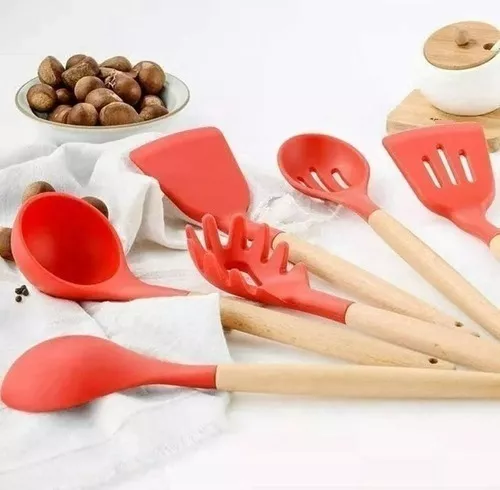 Set Utensilios Cocina Silicón Y Mango De Madera 12 Pzs Rojo