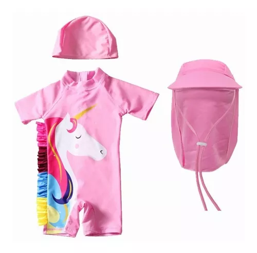 Traje De Baño Niña Unicornio + Gorro Natacion + Gorro Sol