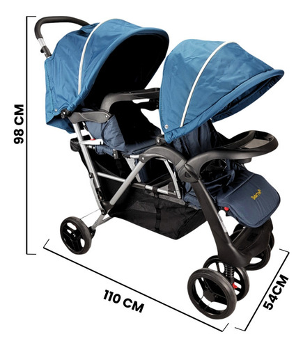 Carriola Gemelar Para Bebe Ruedas Con Freno Plegable Reclina Color Azul Chasis Gris