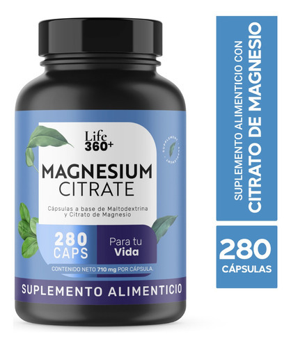 Imagen 1 de 9 de Suplemento Citrato Magnesio Life 360+ 280 Cápsulas Sabor Neutro