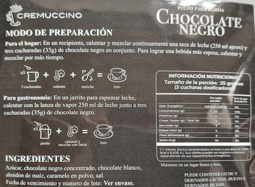 Imagen 3 de 4 de Chocolate Negro Caliente Espeso Polvo 875gr Cremuccino Cafe