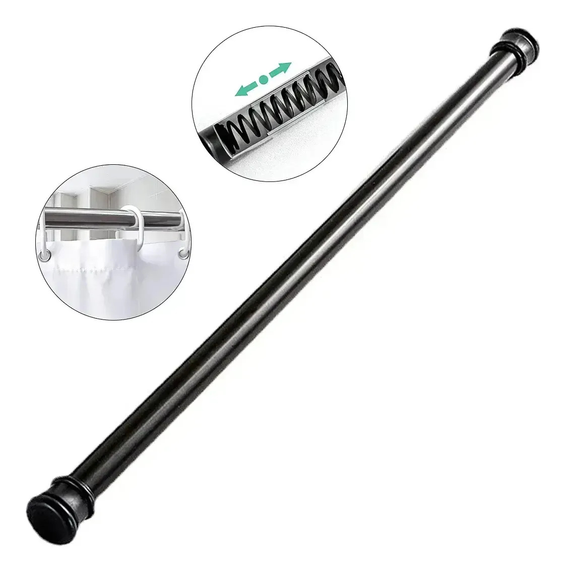 Barra de Cortina Extensible Negra de Acero Inoxidable, 70-120cm, Antideslizante y sin Taladros, para Baño o Balcón