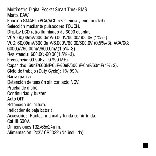 Imagen 2 de 10 de Multímetro Digital Inteligente 6000 Recuentos Baw Ht112b Pr