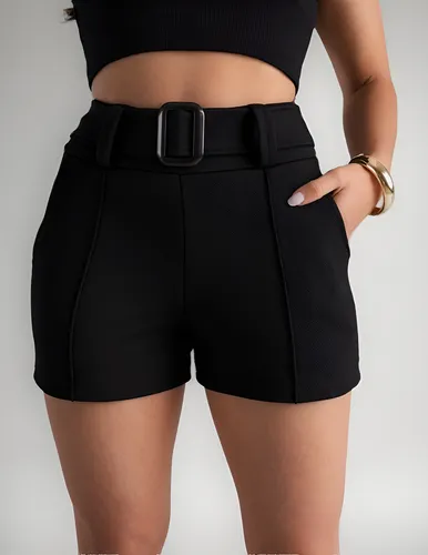 Shorts Feminino Cinto Crepe Bermuda Curto Elastano Bolso Top