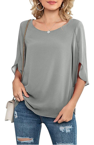 Blusa De Gasa De Manga 3/4 Suelta Con Cuello Redondo Para Mu