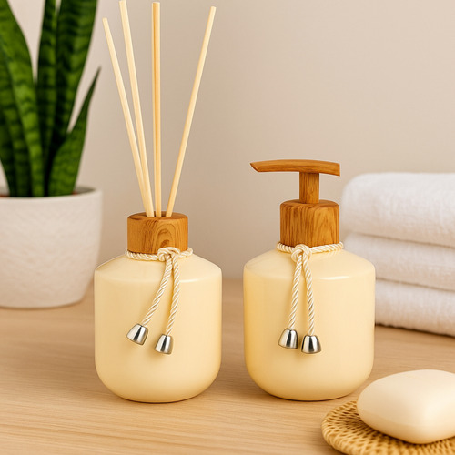 Kit Lavabo Banheiro Luxo Difusor Aromatizador De Ambiente Com Bandeja E Sabonete Líquido Cor Bege