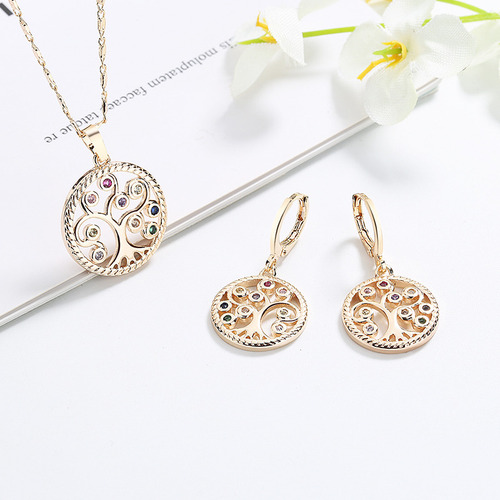Sjx Collar Y Aretes Mujer Dije Árbol De La Vida Chapa En