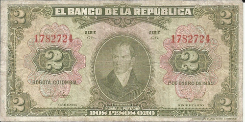 Colombia 2 Pesos 1 Enero 1950