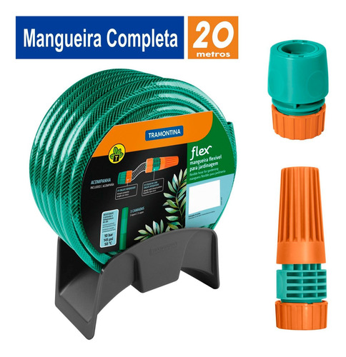 Imagem 1 de 9 de Mangueira 20 M Tramontina + Engate Esguicho E Suporte Mural