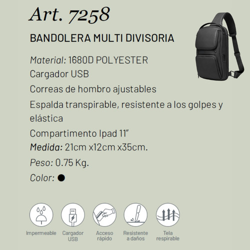Bandolera Morral Multidivisoria Usb Impermeable Premium Negro Liso Níquel Negro
