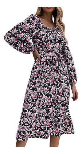 Elegante Vestido De Manga Larga Con Cuello Redondo Y Cordone