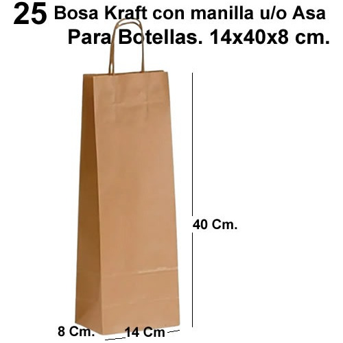 25 Bolsas Papel Kraft Para Botella Vino O Licor. 14x40x8. 