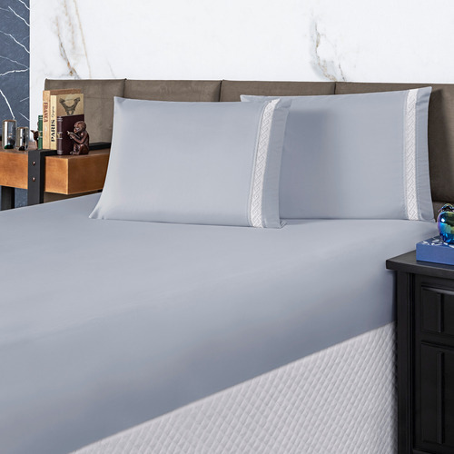 Roupa De Cama King 03 Peças Toque Macio Micropercal 200 Fios Cor Cinza