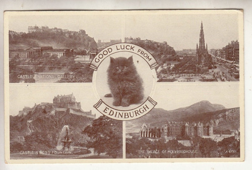 Escocia Antigua Postal Con 4 Vistas De Edimburgo Y Un Gato