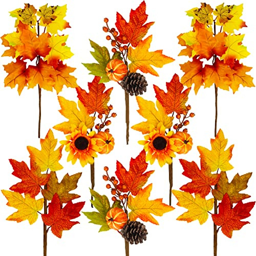 8 Pcs Assorted Artificial Maple Leaf Branches Faux Fall...