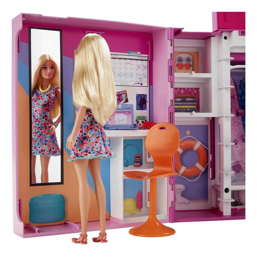 Conjunto Grande Armário Closet Dos Sonhos Boneca Menina Barbie 02 Andares - Acompanha Roupas E Acessórios - Inclui Looks Enfermeira Salva Vidas Espelho Corpo Inteiro E Lavanderia - Mattel Brinquedos