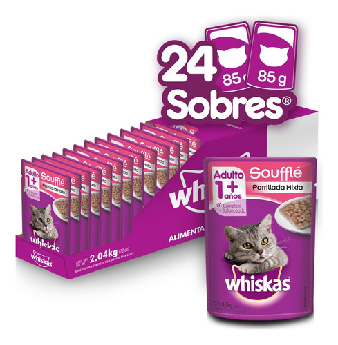 24 Sobres Alimento De Gato Whiskas Soufflé Parrillada Mixta 85g C/u