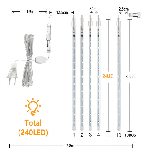 Luzes de decoração de chuva de meteoros, 30 cm, 10 tubos, 240 LED, cor de luz quente