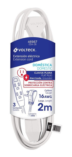 Extensión Doméstica Aterrizada 2 M Con Clavija Plana Blanca