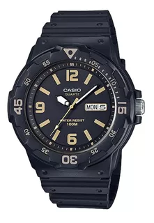 Reloj pulsera Casio Youth MRW-200 de cuerpo color negro, analógico, para hombre, fondo negro, con correa de resina color negro, agujas color blanco, negro y amarillo, dial amarillo, minutero/segundero