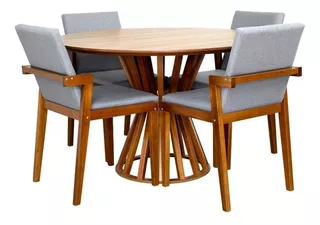 Mesa Cecília Amadeirada Natural 120cm + 4 Cadeiras Estofadas Cor Cinza