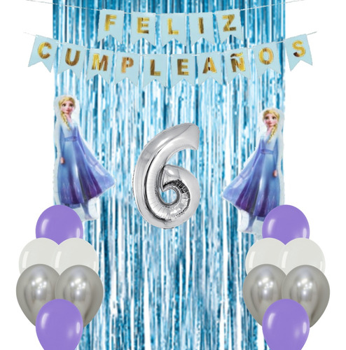  Combo Kit Deco Cumple Frozen Cortina Banderin Globos