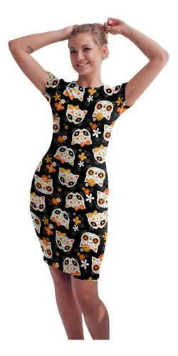 Vestido Corto Sublimado Gatos Calaveras Día Muertos Flores